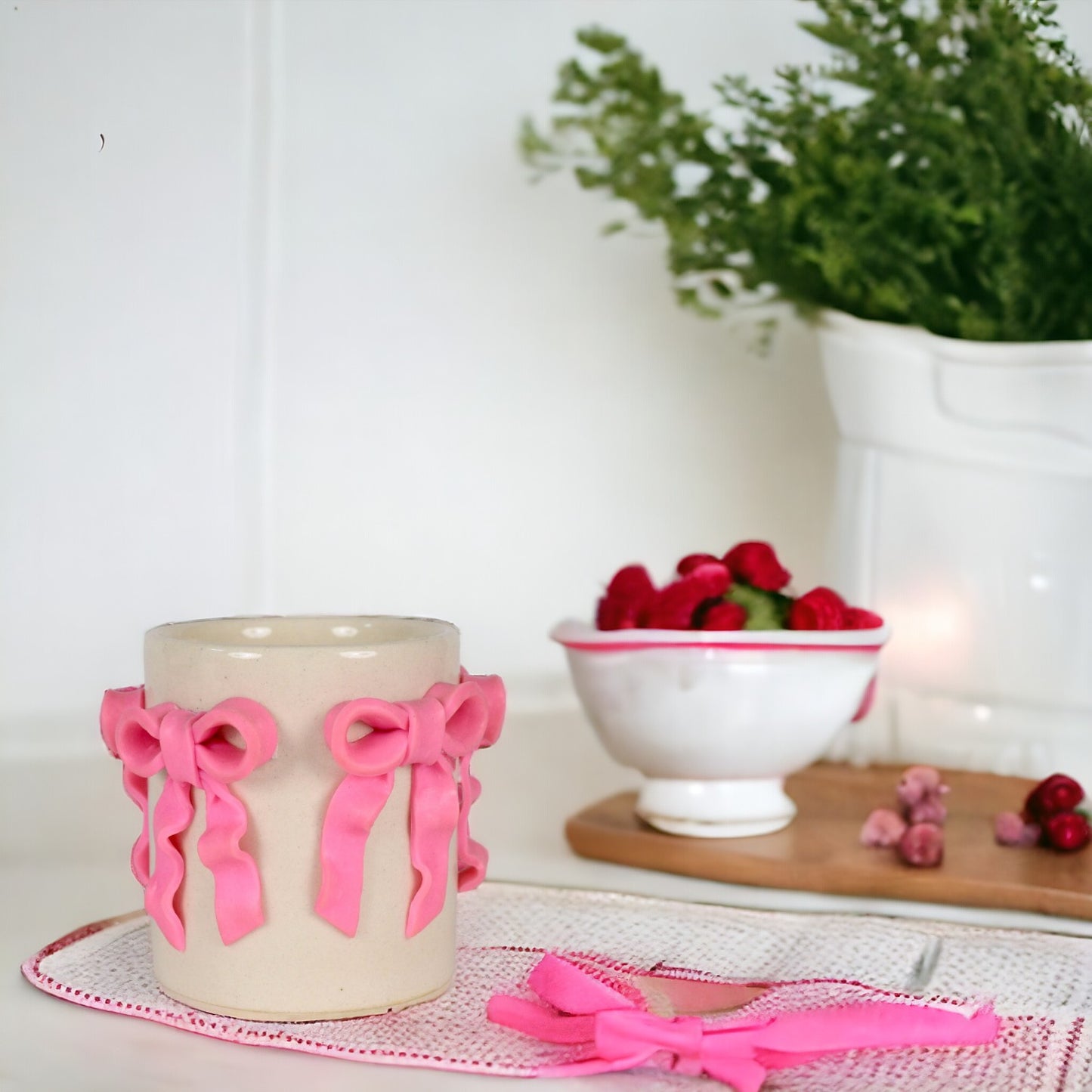 Wavy Pink Bow Ceramic Succulent Pot