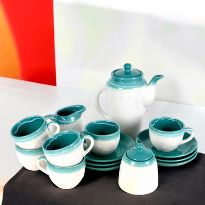 Cyan White Ceramic Tea Pot Set of 15