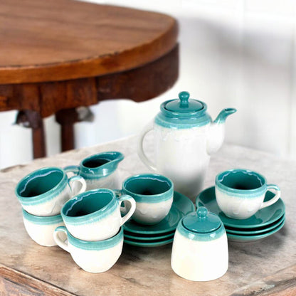 Cyan White Ceramic Tea Pot Set of 15