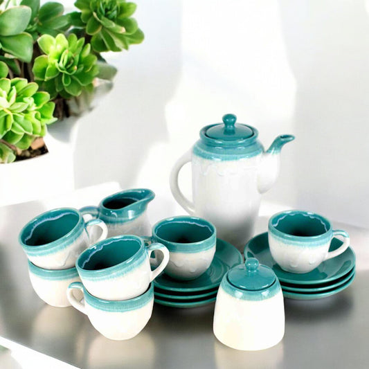 Cyan White Ceramic Tea Pot Set of 15