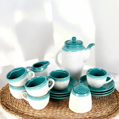 Cyan White Ceramic Tea Pot Set of 15