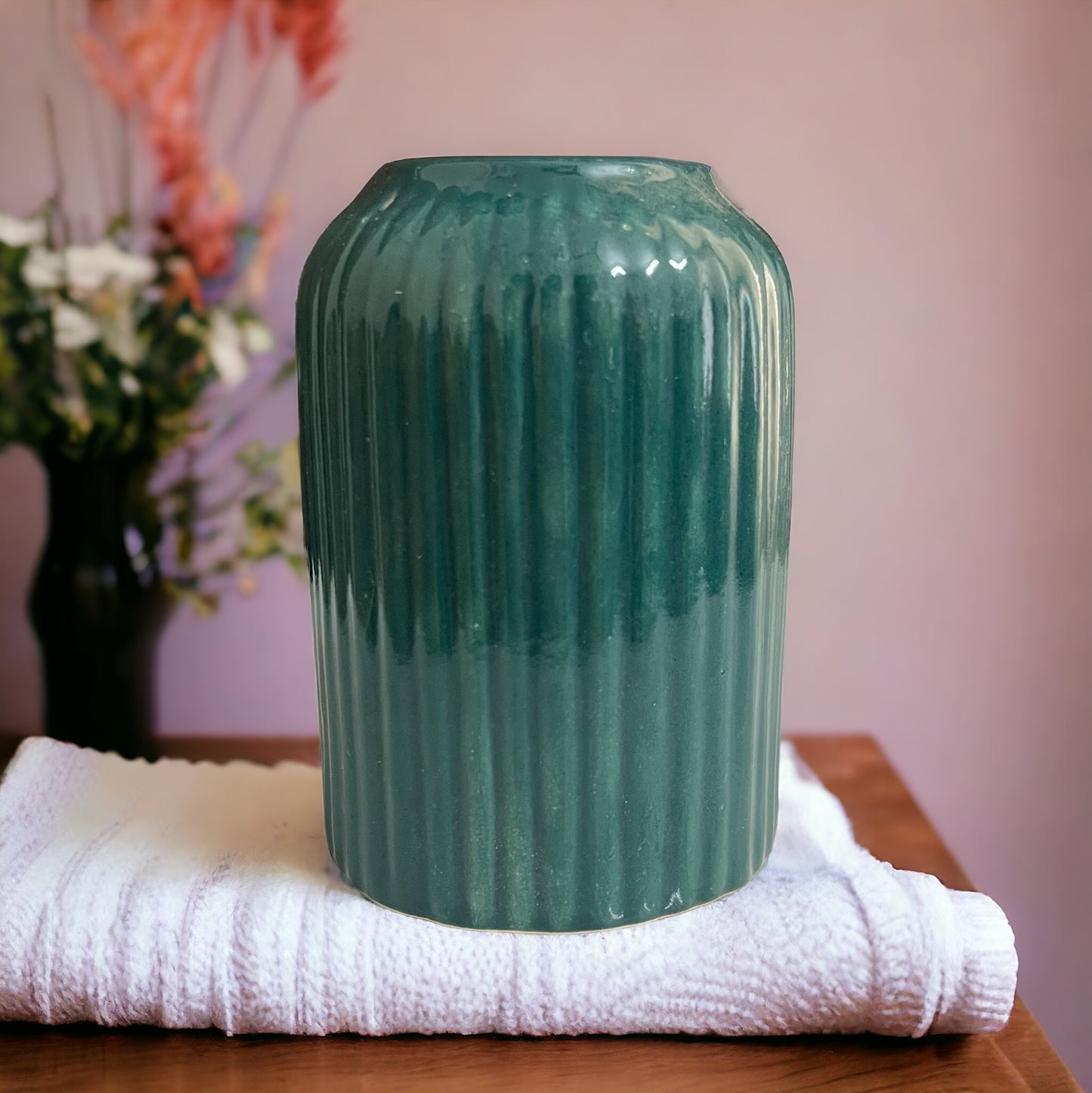 Ridge Ceramic Cylinder Vase - Moss Green