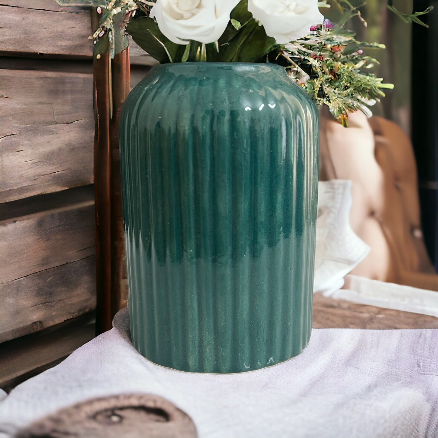 Ridge Ceramic Cylinder Vase - Moss Green