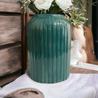 Ridge Ceramic Cylinder Vase - Moss Green