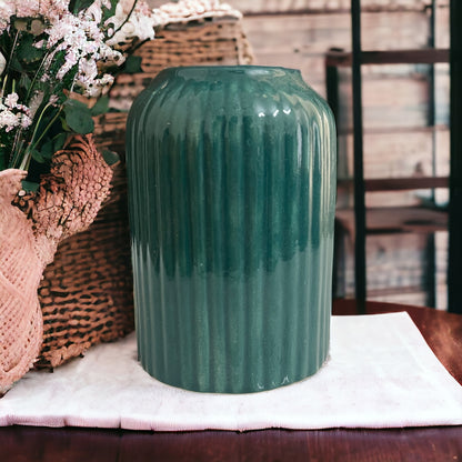 Ridge Ceramic Cylinder Vase - Moss Green