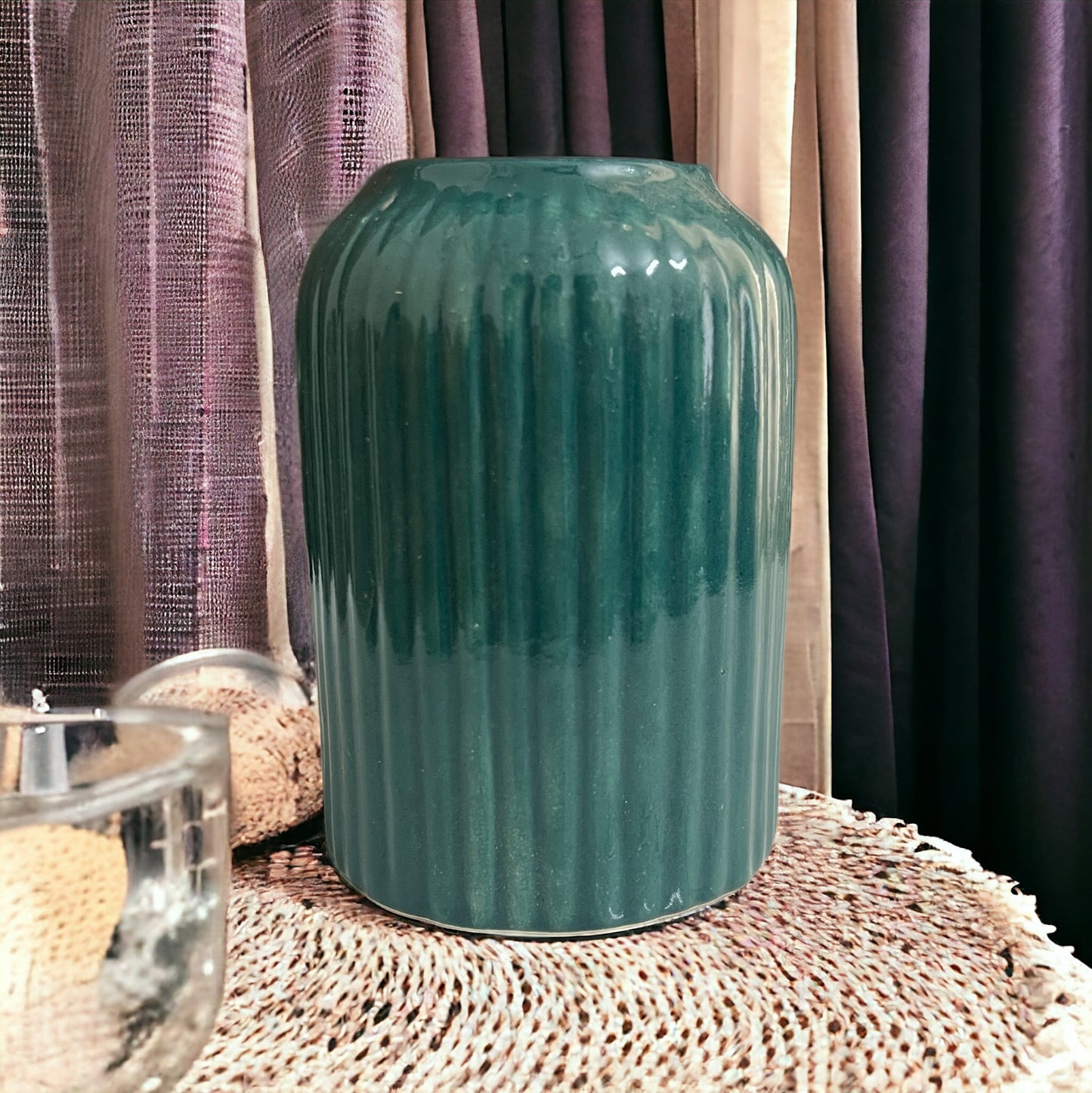 Ridge Ceramic Cylinder Vase - Moss Green