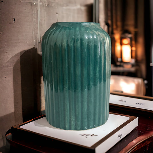 Ridge Ceramic Cylinder Vase - Moss Green