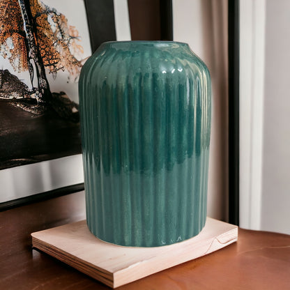 Ridge Ceramic Cylinder Vase - Moss Green